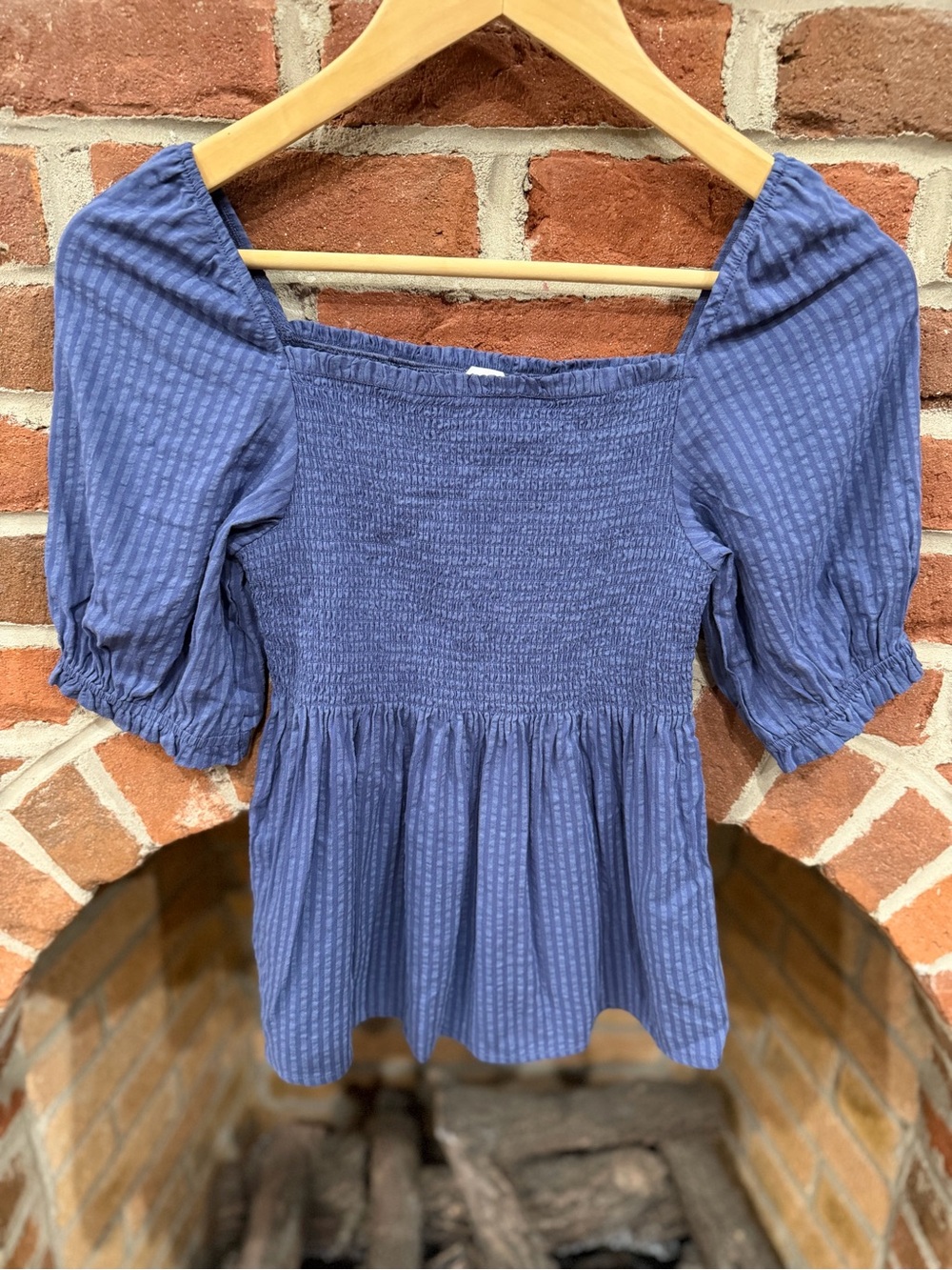 Market & Spruce Dusty Blue Smocked Square-Neck Puff Sleeve Top